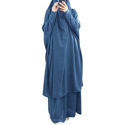 OBEEII Muslimisches Einteiliges Gebetskleid für Damen Islamischer Naher Osten Dubai Türkei Maxi Abaya Kaftan mit Hijab Kleid in voller Länge Muslimische Kleidung Frauen Blau Einheitsgröße von OBEEII
