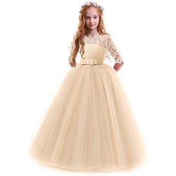 OBEEII Prinzessin Kleid Mädchen Abendkleid für Hochzeit Brautjungfer Blumenmädchen Geburtstag Party Jugendweihe Fasching Cocktail Dance Ballkleid Champagner 13-14 Jahre von OBEEII