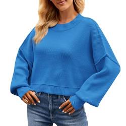 OBEEII Pullover Damen Kurz Gestreift Strickpullover Langarm Rundhals Herbst Winter Lose Pulli Oberteil Pulli Oberteil Sweater Tops Blau XL von OBEEII