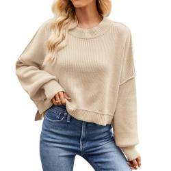 OBEEII Pullover Damen Kurz Gestreift Strickpullover Langarm Rundhals Herbst Winter Lose Pulli Oberteil Pulli Oberteil Sweater Tops Khaki M von OBEEII