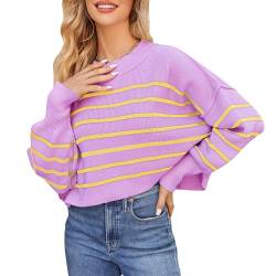 OBEEII Pullover Damen Kurz Gestreift Strickpullover Langarm Rundhals Herbst Winter Lose Pulli Oberteil Pulli Oberteil Sweater Tops Lila Streifen M von OBEEII