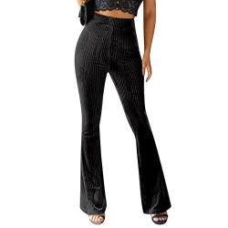 OBEEII Schlaghose Damen Samt Cord High Waist Stretch Skinny Lange Hosen Workout Freizeithose Sport Jogginghose Schwarz Small von OBEEII