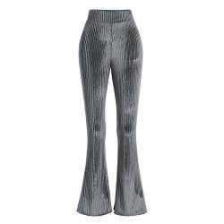 OBEEII Schlaghose Damen Samt High Waist Stretch Skinny Hosen Frauen Flared Einfarbig Freizeithose Casual Lange Hosen Sweathose Grau Small von OBEEII