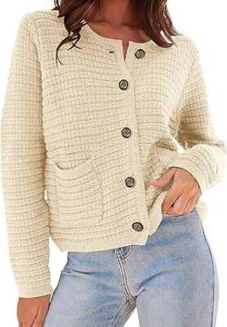 OBEEII Strickjacke Damen Kurz Rundhalsausschnitt Cardigan Knopfleiste Gestrickter Strickmantel Pullover Herbst Winter Casual Outerwear Strickjacke Beige L von OBEEII