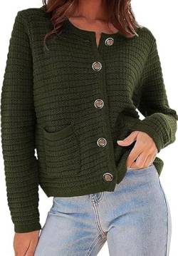 OBEEII Strickjacke Damen Kurz Rundhalsausschnitt Cardigan Knopfleiste Gestrickter Strickmantel Pullover Herbst Winter Casual Outerwear Strickjacke Dunkelgrün XL von OBEEII