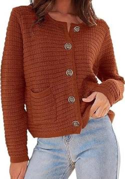 OBEEII Strickjacke Damen Kurz Rundhalsausschnitt Cardigan Knopfleiste Gestrickter Strickmantel Pullover Herbst Winter Casual Outerwear Strickjacke Karamell M von OBEEII