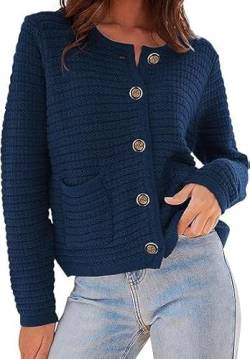 OBEEII Strickjacke Damen Kurz Rundhalsausschnitt Cardigan Knopfleiste Gestrickter Strickmantel Pullover Herbst Winter Casual Outerwear Strickjacke Navy XL von OBEEII