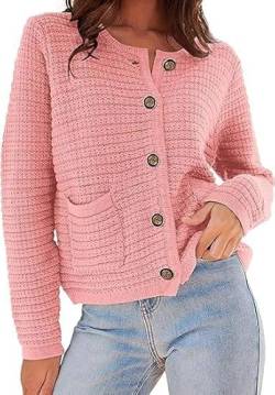 OBEEII Strickjacke Damen Kurz Rundhalsausschnitt Cardigan Knopfleiste Gestrickter Strickmantel Pullover Herbst Winter Casual Outerwear Strickjacke Rosa S von OBEEII