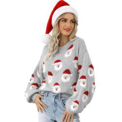 OBEEII Weihnachtspullover Damen Christmas Rundhals Langarm Strick Pullover Weihnachtsmannmuster Strickpulli Herbst Winter Sweatshirt Weihnachtspulli Ugly Christmas Sweater Grau XL von OBEEII