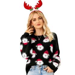 OBEEII Weihnachtspullover Damen Christmas Rundhals Langarm Strick Pullover Weihnachtsmannmuster Strickpulli Herbst Winter Sweatshirt Weihnachtspulli Ugly Christmas Sweater Schwarz XL von OBEEII