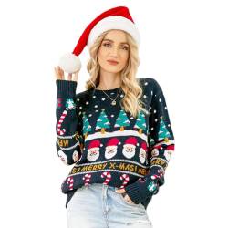 OBEEII Weihnachtspullover Damen Rundhals Langarm Strick Pullover Weihnachtsmannmuster Strickpulli Herbst Winter Christmas Sweatshirt Weihnachtspulli Ugly Christmas Sweater Navy S von OBEEII