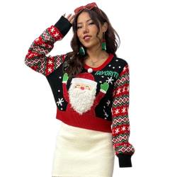 OBEEII Weihnachtspullover Damen Rundhals Langarm Strick Pullover Weihnachtsmannmuster Strickpulli Herbst Winter Christmas Sweatshirt Weihnachtspulli Ugly Christmas Sweater 黑色圣诞毛衣 XL von OBEEII