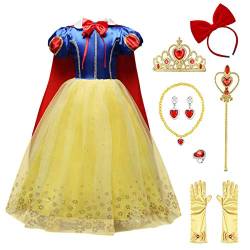 ObeeII Prinzessinnen-Kleid für Mädchen, Schneeweiß, Kostüm mit Cape, Snow White, Kostüm, Cosplay, Märchen, Partykleid, Halloween, Weihnachten, Party, 3 – 8 Jahre Gr. 3-4 Jahre, 9 Stück Schneeweiß. von OBEEII