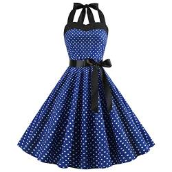 Rockabilly Kleider Damen 50er Vintage Cocktailkleid 1950er Jahre Retro Gespleißt Blumen/Polka Dots Ärmellos Sommer Swing Festlich Abendkleid Dunkelblau M von OBEEII