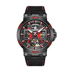 OBLVLO Brand Design Black Skeleton Automatikuhren für Herren Lederband Saphir 100M wasserdichte militärische mechanische Armbanduhr UM1 (UM-BRB1) von OBLVLO