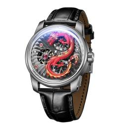 OBLVLO Luxuriöse Herren-Armbanduhr mit 3D-Drachen-Zifferblatt, Krokodil-Muster, Leder, Automatikuhr, modisch, Skelett, transparent, klassisch, mechanisch, JM-Dragon, Jm-dragon-yrbl1, Militär von OBLVLO