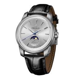 OBLVLO Mens White Dial Leather Strap Automatic Watch Gent Moonphase 316L Stainless Steel Waterproof Mechanical Business Armbanduhr JM-MP-YWB, automatische Uhr, Automatikuhr von OBLVLO