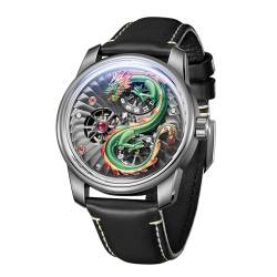 OBLVLO Top-Marke Herren-Armbanduhr mit Drachen-Zifferblatt, Leder, Automatikuhr, leuchtend, wasserdicht, transparent, mechanische Uhr JM-Dragon, Jm-dragon-ypbl, Militär von OBLVLO