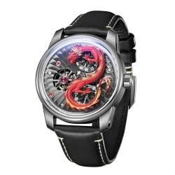 OBLVLO Top-Marke Herren-Armbanduhr mit Drachen-Zifferblatt, Leder, Automatikuhr, leuchtend, wasserdicht, transparent, mechanische Uhr JM-Dragon, Jm-dragon-yrbl, Militär von OBLVLO