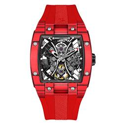 OBLVLO Top-Marke Sportuhr für Herren Square Tonneau Skeleton Watch Steel Automatic Mechanical Watch Rubber Strap Watches EM-S (EM-S-RBR1) von OBLVLO