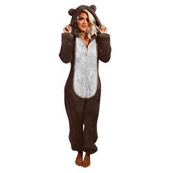 Bären Onesie Damen Teddy Fleece Overall Flauschig Schlafanzug Winter Warm Jumpsuit Mit Reißverschluss Erwachsene Hausanzug Plüsch Schlafanzugoverall Kuschelig Lang Pyjama Set Tier Kostüm S-5Xl von OBiQuzz