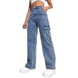 Cargo Jeans Damen Baggy Y2K Multi Taschen High Waist Stretch Wanderhose Sport Jogginghose Gerade Breites Bein Denim Hosen Y2K Aesthetic Vintage Lang Freizeithose 90Er E-Girl Streetwear Fallschirmhose von OBiQuzz