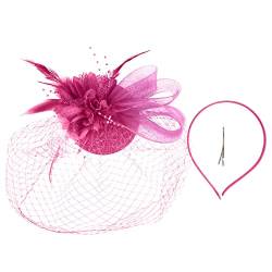 OBiQuzz Europäischer Vintage-Vening-Bankett-Feder-Blumen-Haarschmuck-Hut für Damen Laufen Ohrenwärmer (Hot Pink, One Size) von OBiQuzz