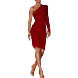 OBiQuzz Frauen Mode Lange sexy Kleid Schulter eine Pailletten Geraffte Schulter fkaltes Pailletten dünnes festes Kleid Samtkleid Rot (Red, M) von OBiQuzz