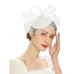 OBiQuzz Tea Party Fascinator Kentuckys Derbys Hut Fascinator Pillbox Hut Stirnband für Cocktail Binden Schwimmen (White, One Size) von OBiQuzz