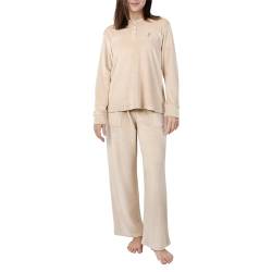 OCCIENTEC Damen Schlafanzug aus Fleece Damen Pyjama-Set Winter mit Elch-Stickerei Langärmeliges Oberteil mit Rundhalsausschnitt und Hose Aprikose,M von OCCIENTEC