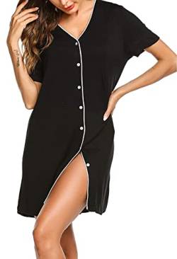 OCCIENTEC Nachthemd Damen V-Ausschnitt Nachtkleid Nachtwäsche mit Knöpfe Sommer Umstandsnachthemd Kurzärmeliges Stillenpyjama für Damen(Schwarz,M) von OCCIENTEC