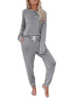 OCCIENTEC Pyjama Damen Zweiteilige Nachtwäsche Oberteil Lang Hose Schlafanzug Damen Trainingsanzug Pyjama Set Loungewear mit Taschen für Sport und Freizeit (Grau, M) von OCCIENTEC