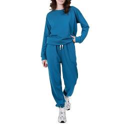 OCCIENTEC Pyjama Damen Zweiteilige Schlafanzug Oberteil mit Rundhalsausschnitt und Lang Hose Damen Trainingsanzug Loungewear mit Taschen für Sport und Freizeit Blau, XL von OCCIENTEC
