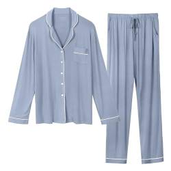 OCCIENTEC Pyjama für Damen Langarm Damen Schlafanzug mit Knopfleiste Nachtwäsche PJ Set Langarm Zweiteiliger Freizeitanzug Nachtwäsche Hausanzug Pyjama-Set für alle Jahreszeiten(Blau,L) von OCCIENTEC