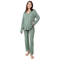 OCCIENTEC Pyjama für Damen Langarm Damen Schlafanzug mit Knopfleiste Nachtwäsche PJ Set Langarm Zweiteiliger Freizeitanzug Nachtwäsche Hausanzug Pyjama-Set für alle Jahreszeiten（Grün L） von OCCIENTEC