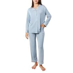 OCCIENTEC Pyjama für Damen Langarm Damen Schlafanzug mit Knopfleiste Nachtwäsche PJ Set Langarm Zweiteiliger Freizeitanzug Nachtwäsche Hausanzug Pyjama-Set für alle Jahreszeiten（Hellblau L） von OCCIENTEC