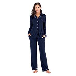 OCCIENTEC Pyjama für Damen Langarm Damen Schlafanzug mit Knopfleiste Nachtwäsche PJ Set Langarm Zweiteiliger Freizeitanzug Nachtwäsche Hausanzug Pyjama-Set für alle Jahreszeiten(Marinenblau, XL) von OCCIENTEC