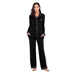 OCCIENTEC Pyjama für Damen Langarm Damen Schlafanzug mit Knopfleiste Nachtwäsche PJ Set Langarm Zweiteiliger Freizeitanzug Nachtwäsche Hausanzug Pyjama-Set für alle Jahreszeiten(Schwarz, L) von OCCIENTEC