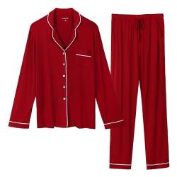 OCCIENTEC Pyjama für Damen Langarm Damen Schlafanzug mit Knopfleiste Nachtwäsche PJ Set Langarm Zweiteiliger Freizeitanzug Nachtwäsche Hausanzug Pyjama-Set für alle Jahreszeiten Rot,M von OCCIENTEC