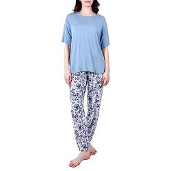 OCCIENTEC Schlafanzüge Damen mit Rundhalsausschnitt Zweiteiliger Hausanzug Damen Pyjama-Set Kurzärmeliges Einfarbiges Oberteil und Blumendruck Hose Blau M von OCCIENTEC