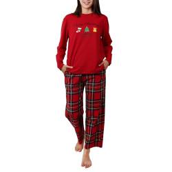 OCCIENTEC Schlafanzug Damen aus Baumwolle Weihnachtspyjamas Damen Mit Weihnachtselementen Bedruckter Einfarbig Oberteil und Karierte Hose Rot,XL von OCCIENTEC