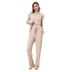 OCCIENTEC Schlafanzug Damen mit V-Ausschnitt Warmer Pyjama Damen Lang im Winter Zweiteiliger Loungewear Langärmeligem Oberteil und Hose Rosa, L von OCCIENTEC