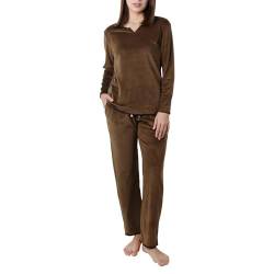 OCCIENTEC Schlafanzug für Damen Zweiteiliger Fleece Pyjama Langärmliger Oberteil und Hose Herbst und Winter Dick Warm Entspannend Sleepwear mit V-Ausschnitt Braun,L von OCCIENTEC