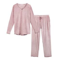 OCCIENTEC Schlafanzug für Damen Zweiteiliger Fleece Pyjama Langärmliger Oberteil und Hose Herbst und Winter Dick Warm Entspannend Sleepwear mit V-Ausschnitt Rosa, M von OCCIENTEC