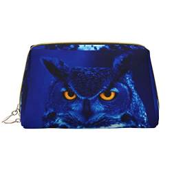 OCELIO Blaue Eule Leder tragbare Kosmetiktasche (groß), Leder Clutch Reißverschluss Kosmetiktasche, Kulturtasche Reisetasche, Reise Aufbewahrungstasche, weiß, Einheitsgröße, Weiß, One Size von OCELIO