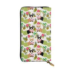 OCELIO Damen Lange Leder Geldbörse Kartenorganizer Metall Reißverschluss Geldbörse Damen Kreditkarte Tasche Elegante Clutch Bagtropical Flower And Corgi, Schwarz, Einheitsgröße, Schwarz, One Size von OCELIO