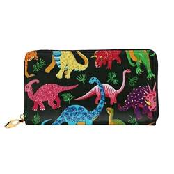 OCELIO Damen Lange Ledergeldbörse, Kartenorganizer, Metall-Reißverschluss, Kreditkarten-Tasche, elegante Clutch-Geldbörse, Cartoon-Dinosaurier, Schwarz, Einheitsgröße, Schwarz, One Size von OCELIO