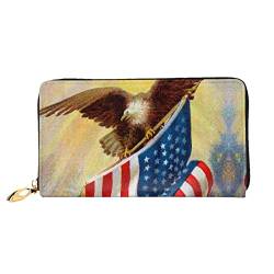 OCELIO Lange Ledergeldbörse für Damen, Kartenorganizer, Metall-Reißverschluss, Kreditkarten-Tasche, elegante Clutch, amerikanische USA-Flagge, Adler-Kunst, schwarz, Einheitsgröße, Schwarz, One Size von OCELIO