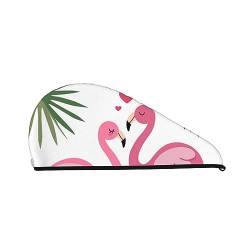 Palmblatt und Flamingos Paar Korallen-Fleece Trockenes Haar Hut Badehut, verwendet für Make-up und Baden von OCELIO
