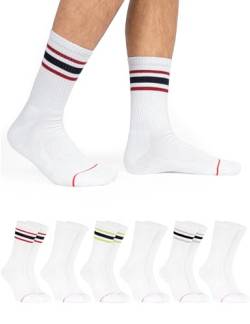 OCERA Active Premium Retro Sport und Freizeit Socken für Damen & Herren,6 Paar Tennissocken mit weicher Frottee Sohle mit Farbstreifen weiss 47-50 von OCERA